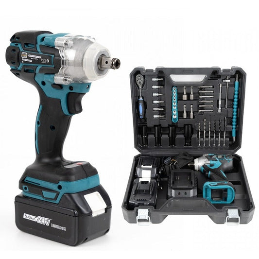 Trusă mașină de înșurubat cu impact – bormașină 36V, 2 acumulatori, 850Nm, 40 accesorii, albastru/negru