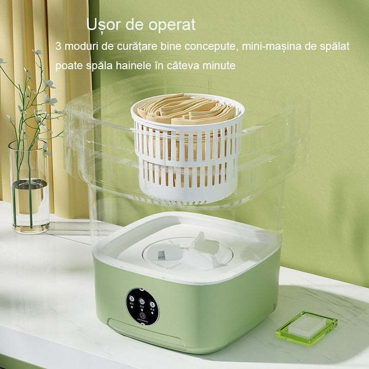 Mașină de Spălat Portabilă Pliabilă 6L cu Stoarcere, 3 Programe – Mini Washer pentru Camping, Călătorii, Verde