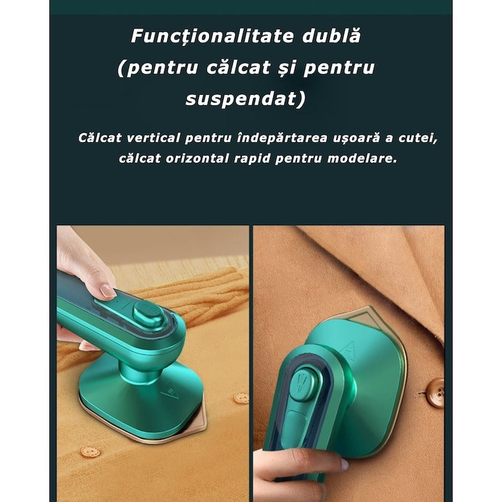 Mini fier de călcat portabil de mână – Încălzire rapidă, abur și uscat, Verde