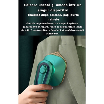 Mini fier de călcat portabil de mână – Încălzire rapidă, abur și uscat, Verde
