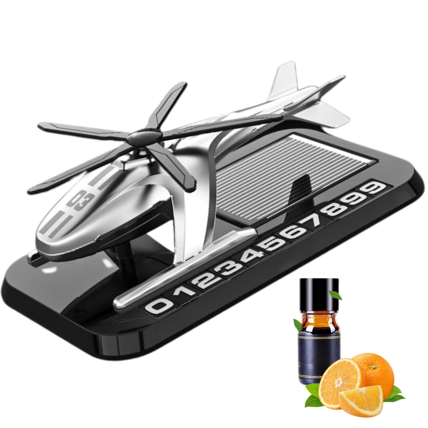 Odorizant Auto tip elicopter cu incarcare solara si suport numar de telefon pe magnet, baza antiderapanta