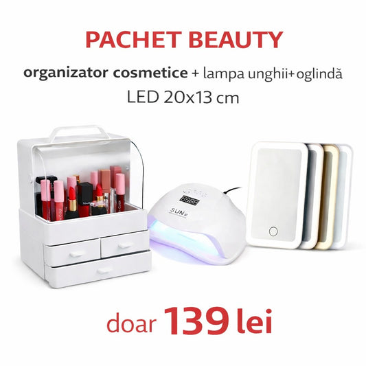 Pachet Beauty 3 în 1 – Organizator Cosmetice + Lampa Unghii UV LED + Oglinda LED 20x13 cm – Doar 139 Lei