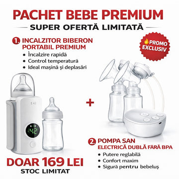 Pachet Bebe 2 în 1 – Incalzitor Portabil Biberoane + Pompa San Electrica Dubla USB – Doar 169 Lei