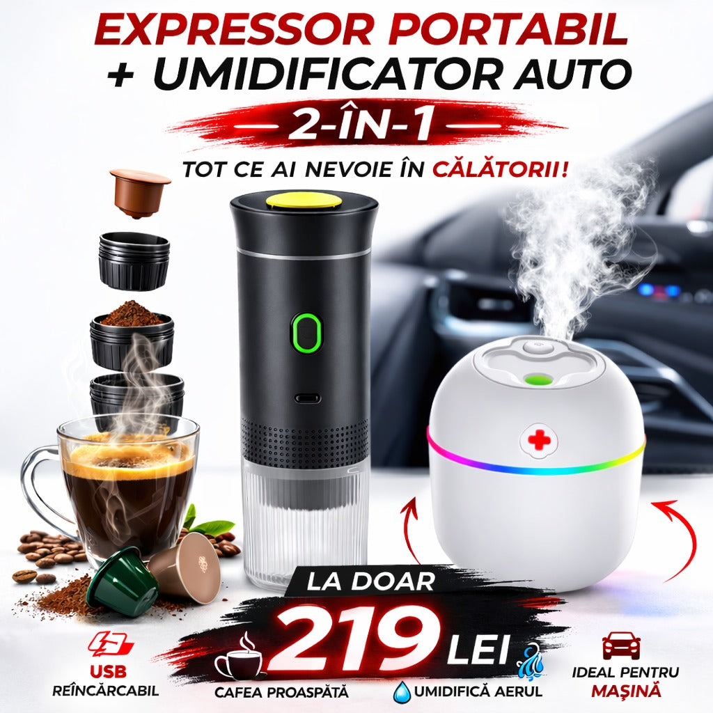 Umidificator Auto + Espressor Portabil 3 in 1 la doar 219 lei!