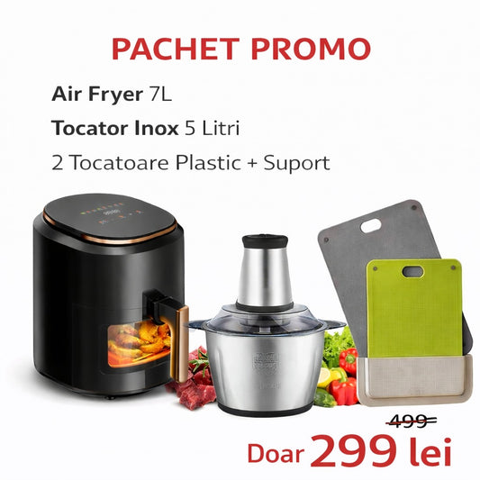 Pachet Promo Bucatarie – Air Fryer 7L + Tocator Electric Inox 5L + 2 Tocatoare Plastic cu Suport – Doar 299 Lei