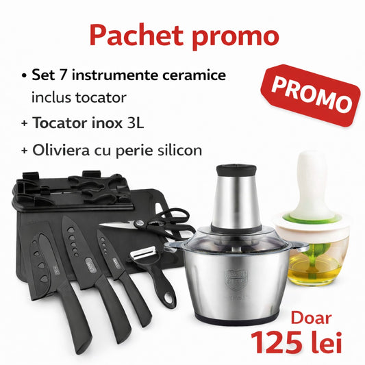 Pachet Promo Bucatarie – Set 7 Instrumente Ceramice cu Tocator + Tocator Inox 3L + Oliviera cu Perie Silicon – Doar 125 Lei
