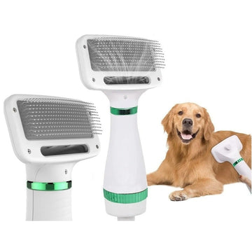 Perie animale 2 în 1 cu uscator – pentru caini/pisici, 3 moduri, zgomot redus, 300W, alb-verde