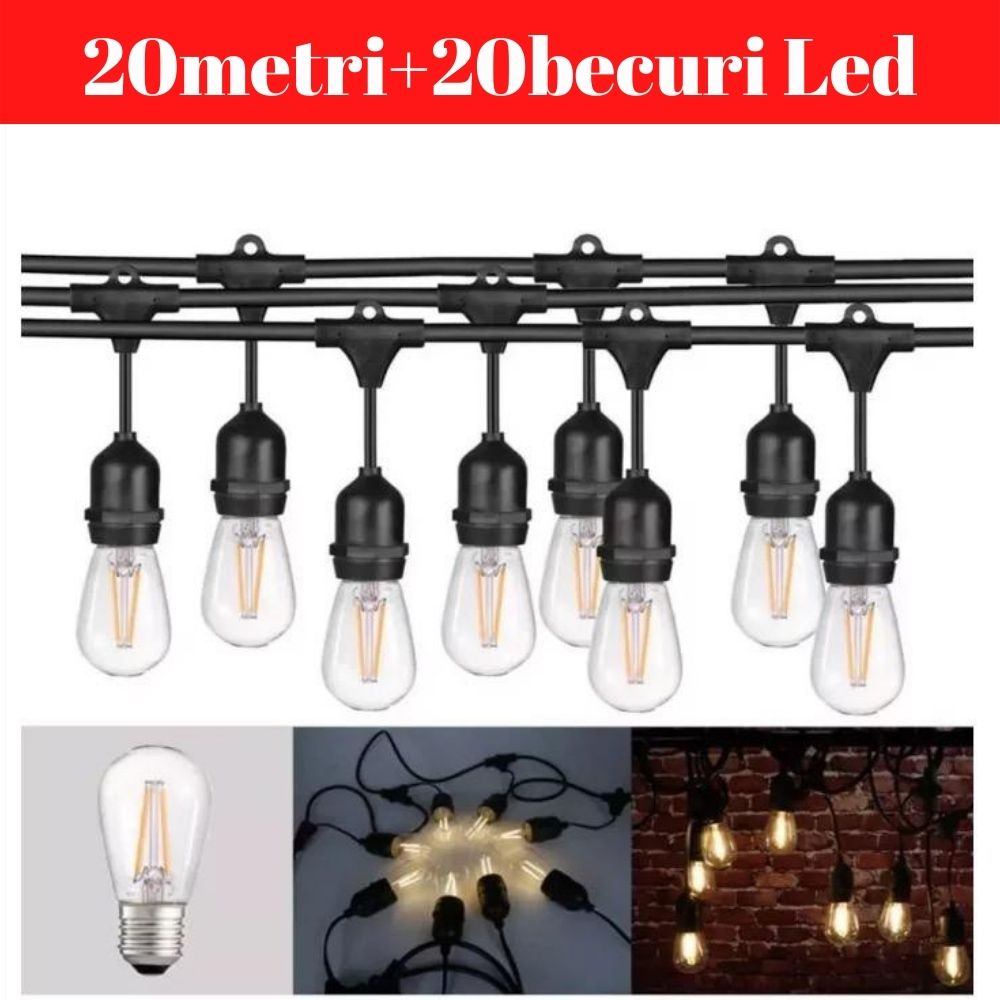 Ghirlanda luminoasa E27 15m 20m 25m LED filament IP65 exterior interconectabila
