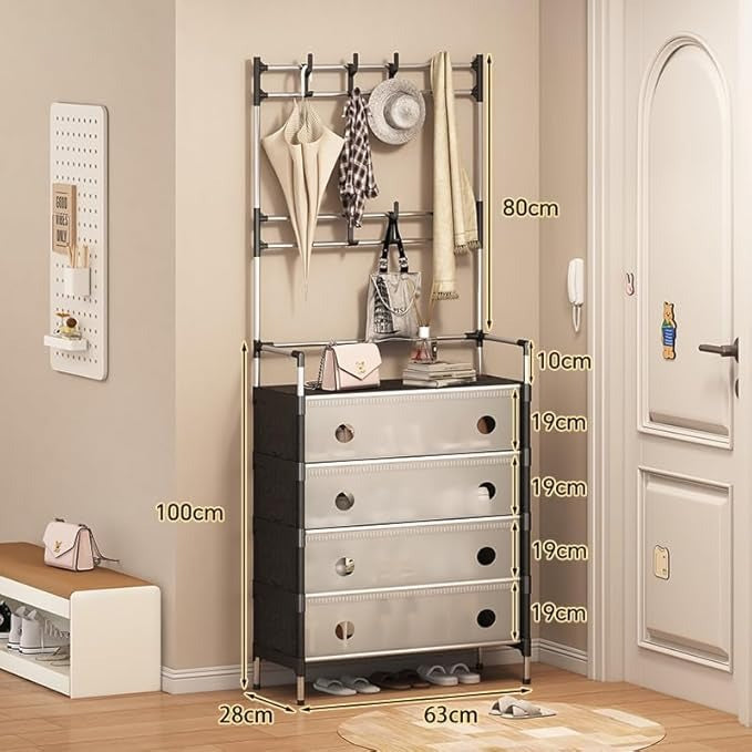 Raft Multifuncțional Hol/Dressing 5 Niveluri cu Bară Umerașe, Dulapuri și Raft Pantofi – Negru & Alb, 180 cm