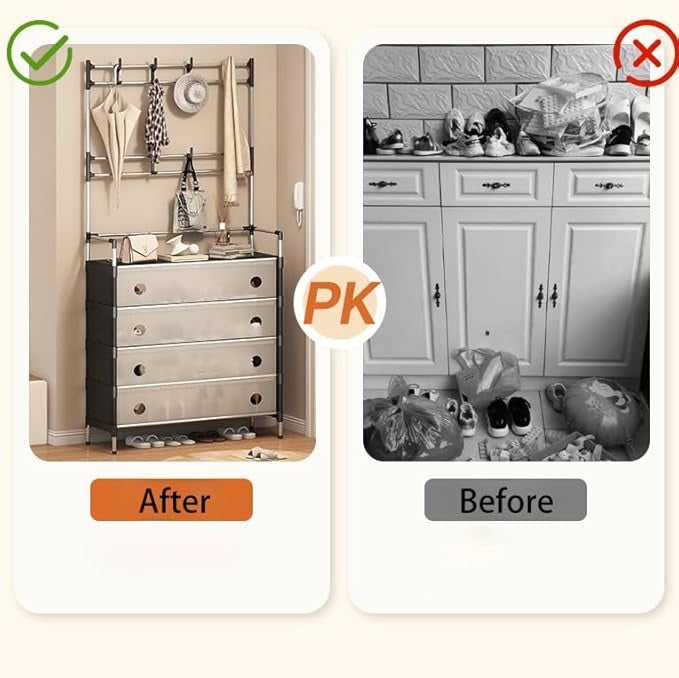 Raft Multifuncțional Hol/Dressing 5 Niveluri cu Bară Umerașe, Dulapuri și Raft Pantofi – Negru & Alb, 180 cm