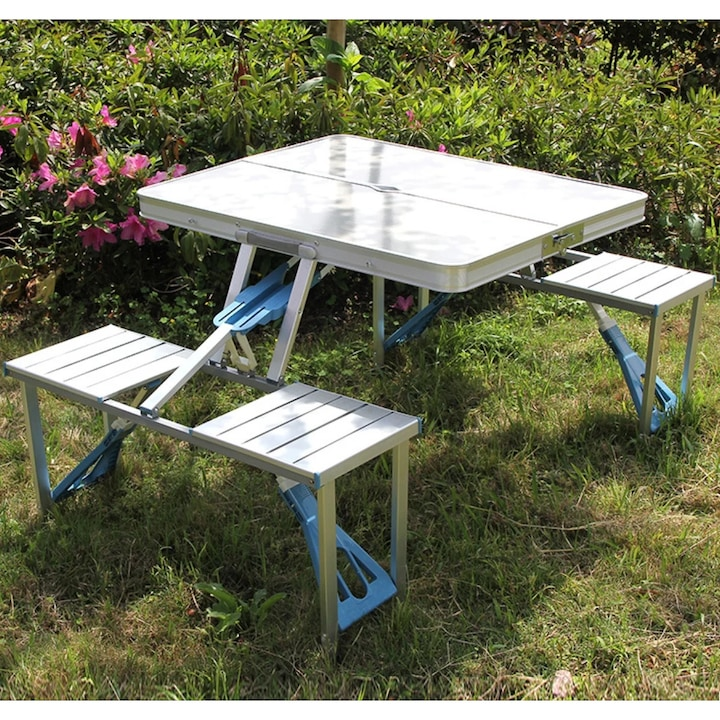 Masa Pliabila Camping Cu 4 Scaune Integrate Din Aluminiu Tip Valiza