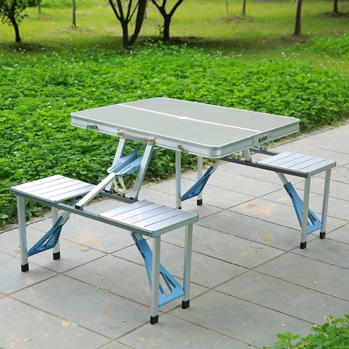 Masa Pliabila Camping Cu 4 Scaune Integrate Din Aluminiu Tip Valiza