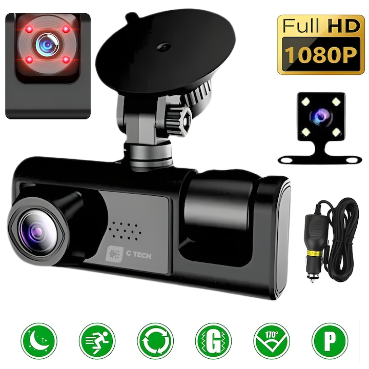 Camera Auto DVR Duala Full HD 1080P – Camera Marsarier, Night Vision, G-Sensor si Protectie Completa La Volan