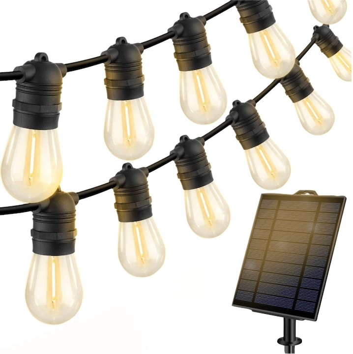 Ghirlanda Solara Premium 10 Metri – 20 Becuri LED Filament, Lumina Calda si Incarcare Solara sau USB