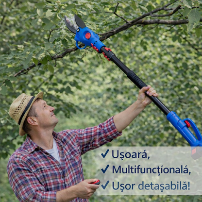 Set 2 In 1 Foarfeca Electrica Si Mini Drujba Cu Brat Telescopic – Taie Rapid Crengi La Orice Inaltime