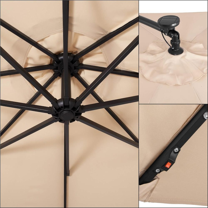 Umbrela Gradina Banana cu LED Solar, Brat Lateral, Husa Inclusa, 300 cm, Crem