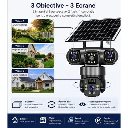 Camera Supraveghere Tripla 4G Solara, 6MP, 8000mAh, 3 Lentile, Rotire 360, IP66