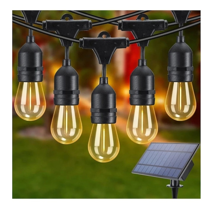 Ghirlanda Solara Premium 10 Metri – 20 Becuri LED Filament, Lumina Calda si Incarcare Solara sau USB