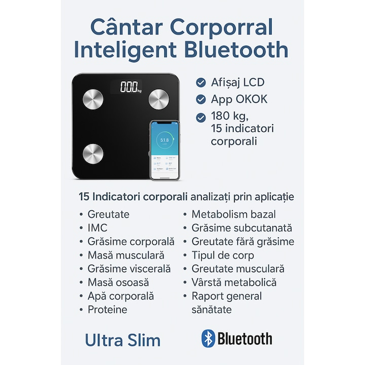 Cantar Corporal Inteligent Bluetooth – Monitorizare Completa a Sanatatii Direct pe Telefon