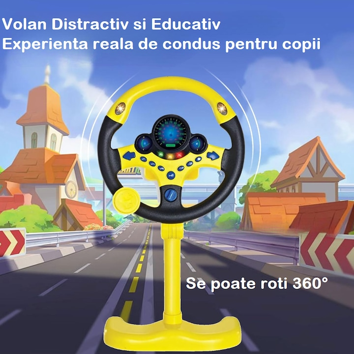 Volan Interactiv Kids Driving Simulator PRO, Sunete si Lumini, Rotire 360°, Ventuze si Picior Reglabil