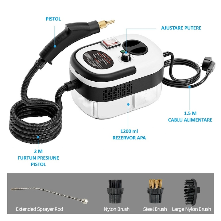Aparat Profesional De Curatat Cu Abur – 2500W, Abur Puternic, 7 Accesorii si Curatare Fara Chimicale