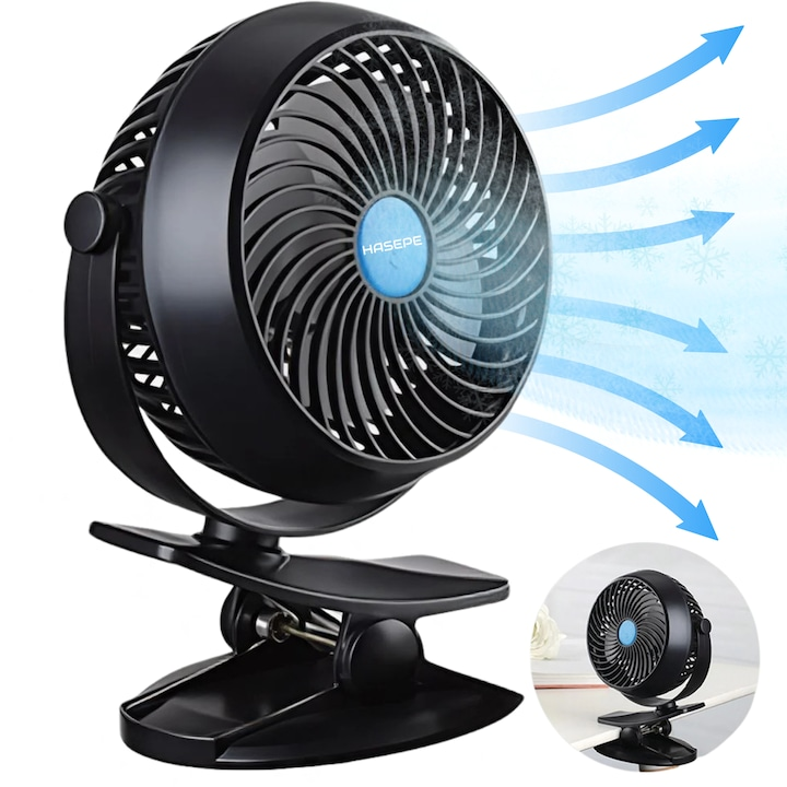 Oferta 1+1 Gratis Ventilator Reincarcabil de Masa cu Clips, USB, 3 Viteze, Rotatie 360°