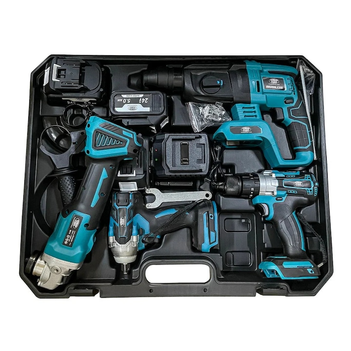 Trusa scule electrice 4 in 1 cu acumulator 20V 4Ah autofiletanta rotopercutor polizor unghiular cheie impact