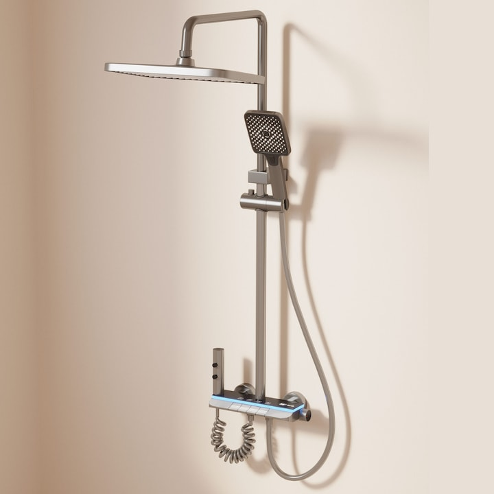 Coloana Dus Termostatata Mona C-86 Gun Grey, 4 Functii, LED, Dus Tip Ploaie, Bideu Integrat