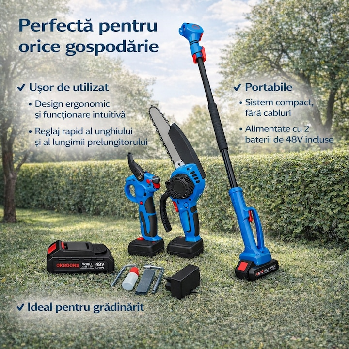 Set 2 In 1 Foarfeca Electrica Si Mini Drujba Cu Brat Telescopic – Taie Rapid Crengi La Orice Inaltime