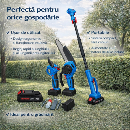 Set 2 In 1 Foarfeca Electrica Si Mini Drujba Cu Brat Telescopic – Taie Rapid Crengi La Orice Inaltime