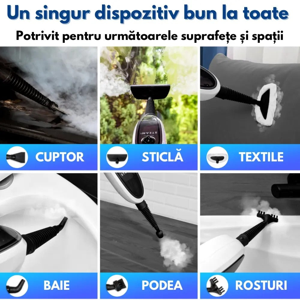 Mop cu Aburi 1300W, Rezervor 280 ml, 10 Accesorii, Reglare Abur, Pentru Podele, Canapea si Geamuri
