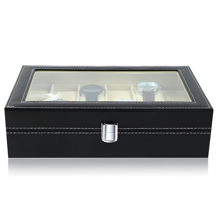 Cutie pentru 12 Ceasuri, Caseta Eleganta Depozitare si Organizare, Piele Ecologica, Capac Transparent
