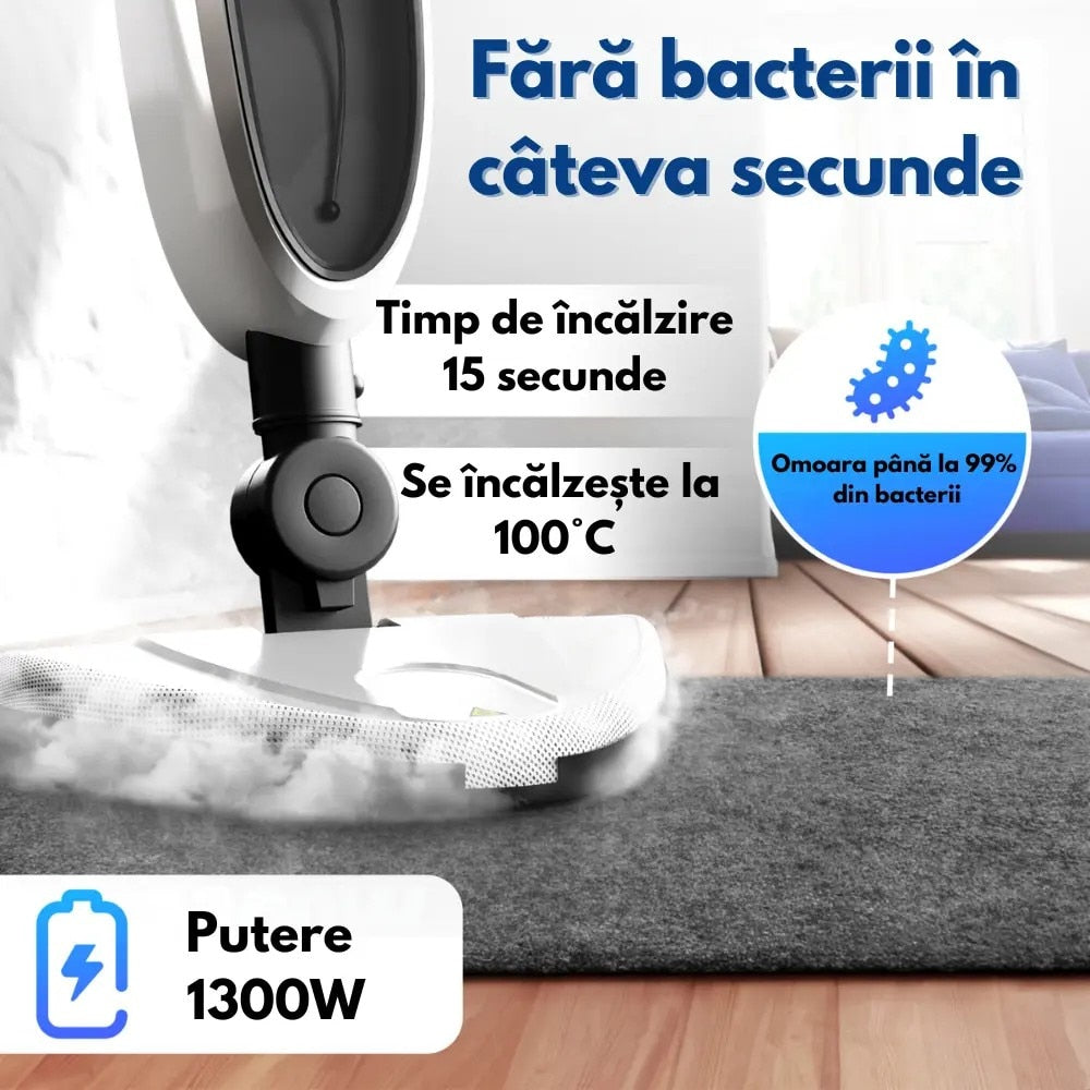 Mop cu Aburi 1300W, Rezervor 280 ml, 10 Accesorii, Reglare Abur, Pentru Podele, Canapea si Geamuri