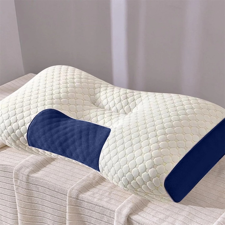 Perna ergonomica 65x40 cm suport gat bumbac poliester confort somn alb albastru