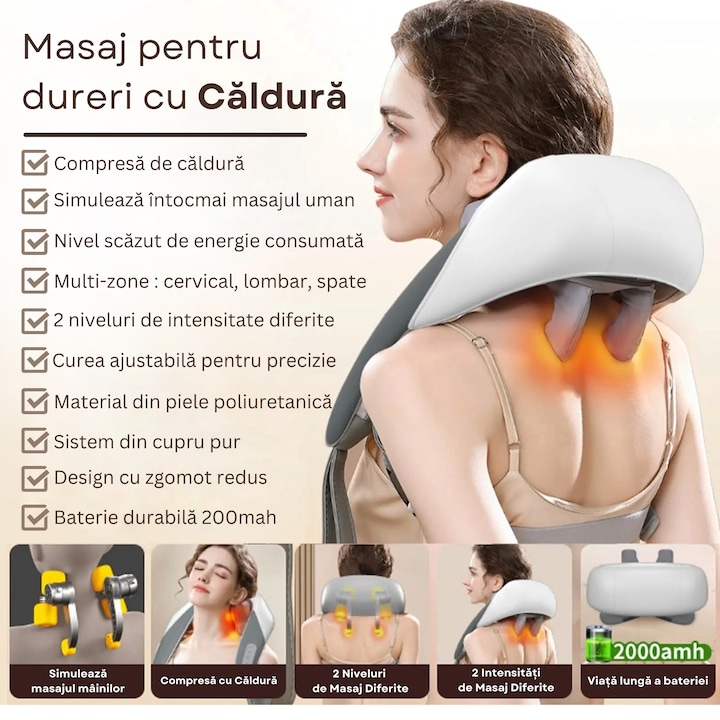 Aparat masaj cervical 4D cu incalzire deep tissue + guler cervical cadou