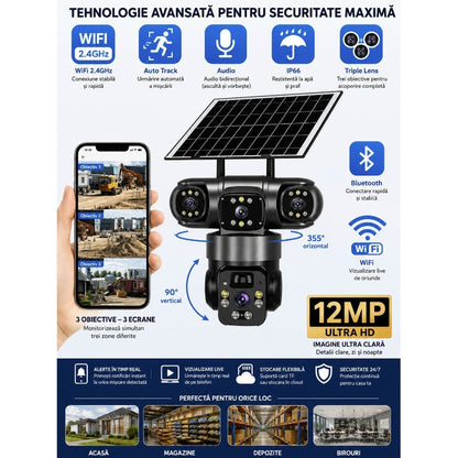 Camera Supraveghere Tripla 4G Solara, 6MP, 8000mAh, 3 Lentile, Rotire 360, IP66
