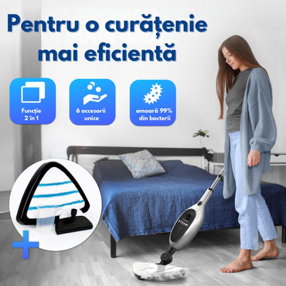 Mop cu Aburi 1300W, Rezervor 280 ml, 10 Accesorii, Reglare Abur, Pentru Podele, Canapea si Geamuri