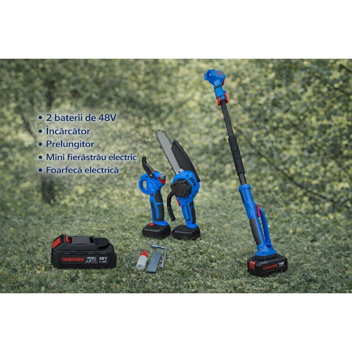 Set 2 In 1 Foarfeca Electrica Si Mini Drujba Cu Brat Telescopic – Taie Rapid Crengi La Orice Inaltime