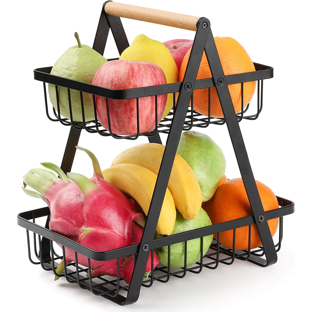 Cos Decorativ Fructe Negru 29 cm, Metalic, 2 Niveluri, Detasabil, Organizator Bucatarie