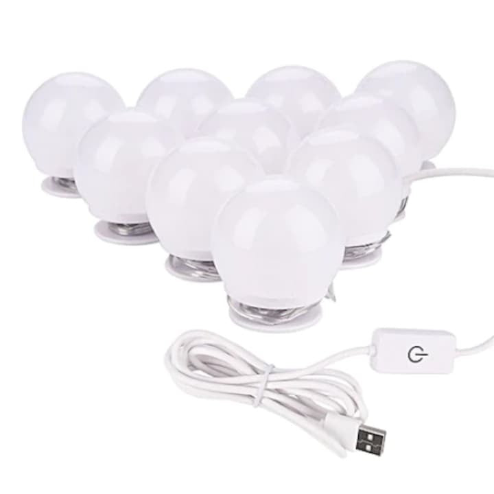 Set 10 becuri LED oglindă machiaj – 3 moduri lumină, 4W, 2m, USB, alb