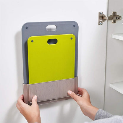 Set 2 tocătoare plastic cu suport – prindere pe perete/dulap, gri-verde