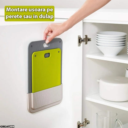 Set 2 tocătoare plastic cu suport – prindere pe perete/dulap, gri-verde