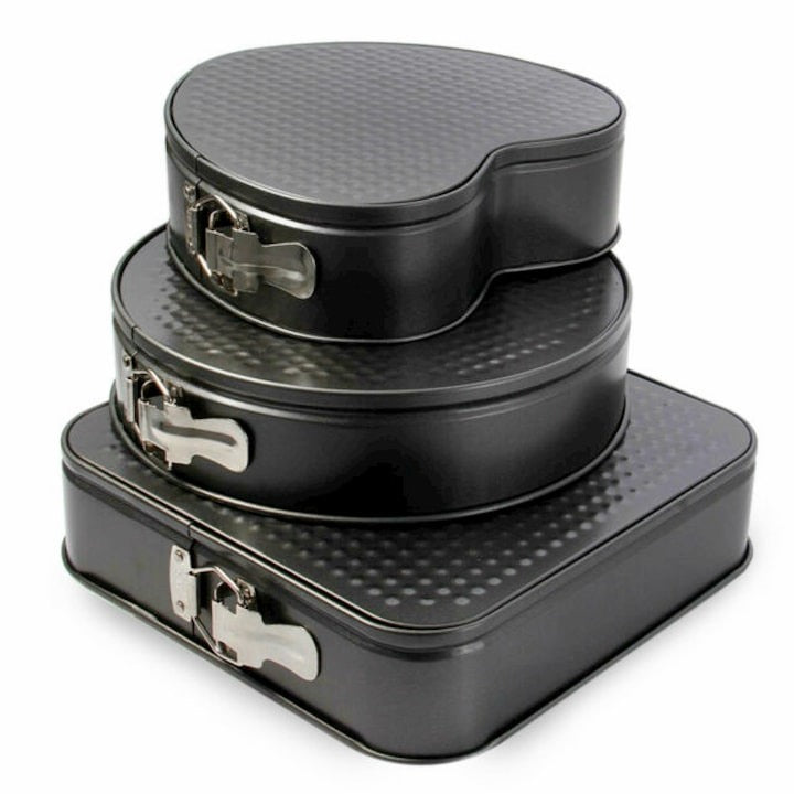 Set 3 Tăvi de Copt cu Fund Detașabil – Rotundă, Inimă și Pătrată