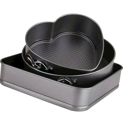 Set 3 Tăvi de Copt cu Fund Detașabil – Rotundă, Inimă și Pătrată