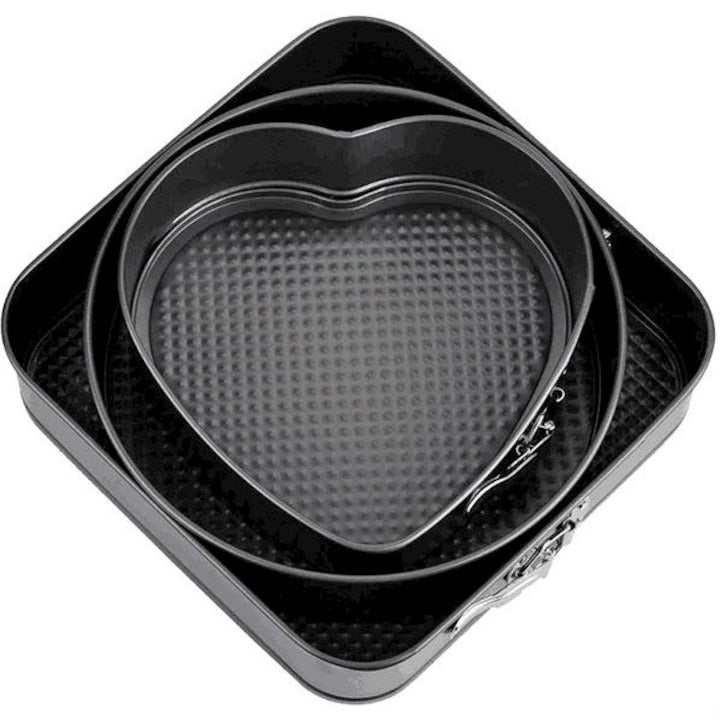 Set 3 Tăvi de Copt cu Fund Detașabil – Rotundă, Inimă și Pătrată