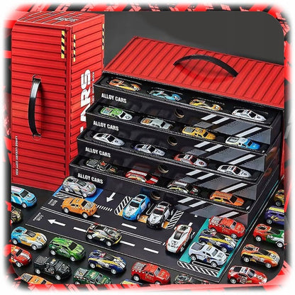 Set 48 mașinuțe metalice pull-back Pixel – Cutie depozitare + planșă de joc