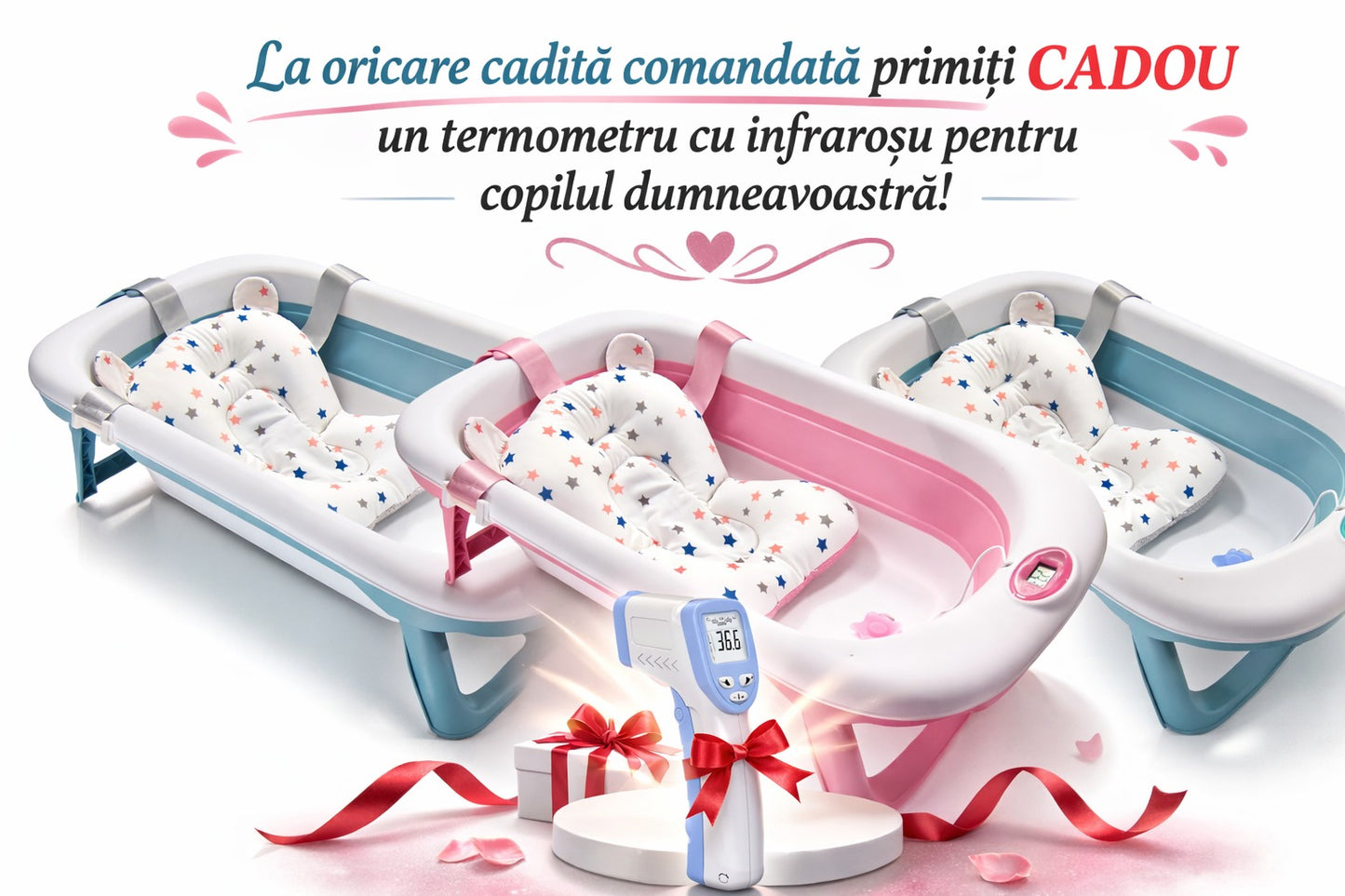 Cadita bebe pliabila cu termometru digital perna baie