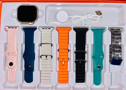 Set Smartwatch ULTRA 7 în 1 cu 7 Curele – Ecran Mare 2.01”, Încărcare Wireless, Design Premium