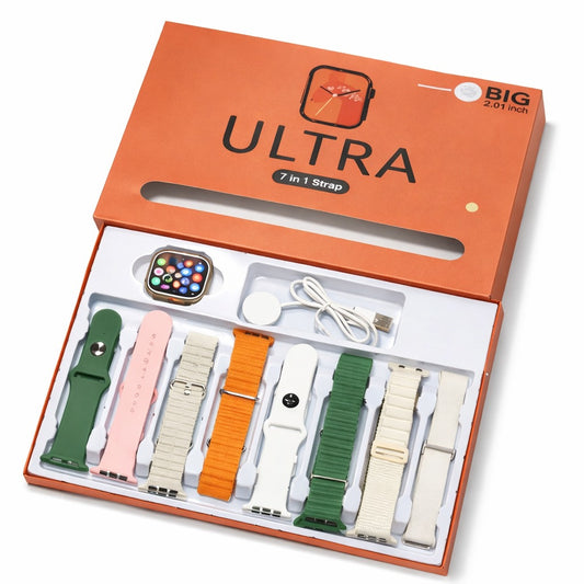 Set Smartwatch ULTRA 7 în 1 cu 7 Curele – Ecran Mare 2.01”, Încărcare Wireless, Design Premium