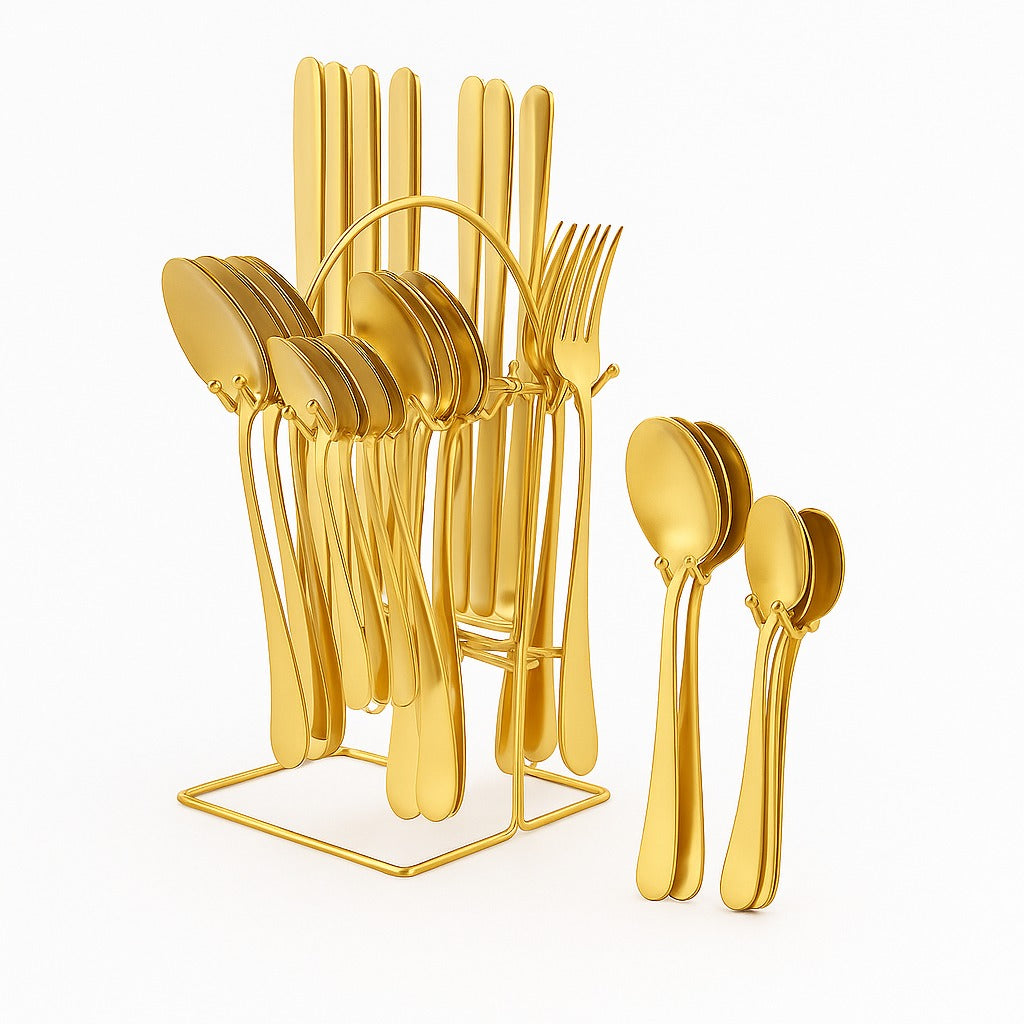 Set Tacâmuri 24 Piese din Oțel Inoxidabil – Design Elegant, Auriu, cu Cutie Cadou